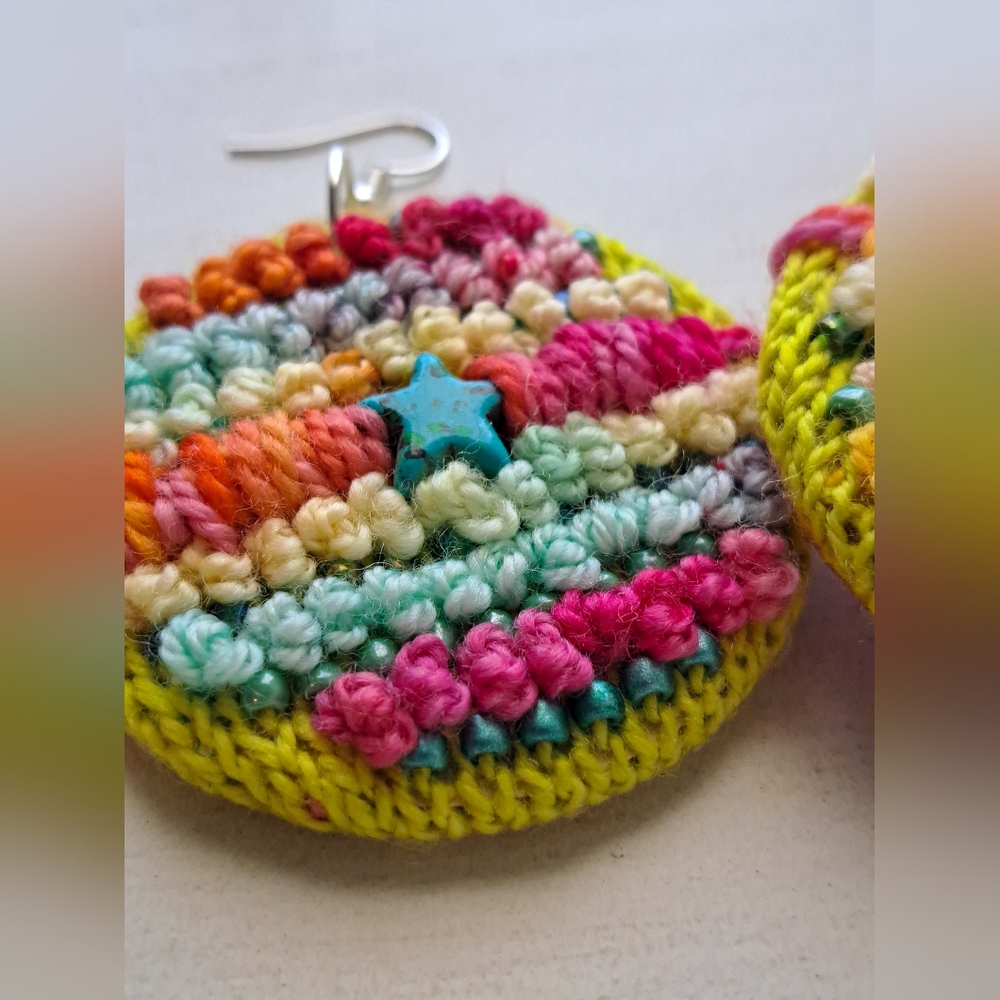 Hand Crafted Multicolor Crochet Round Earrings with Teal Star Accent - Picture 7 of 16